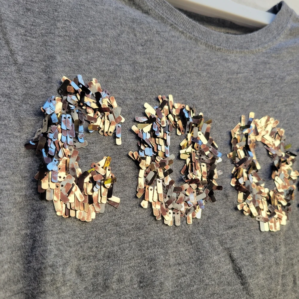 Justice oblong rectangle sequin wording top shirt with short bell ruffled sleeve